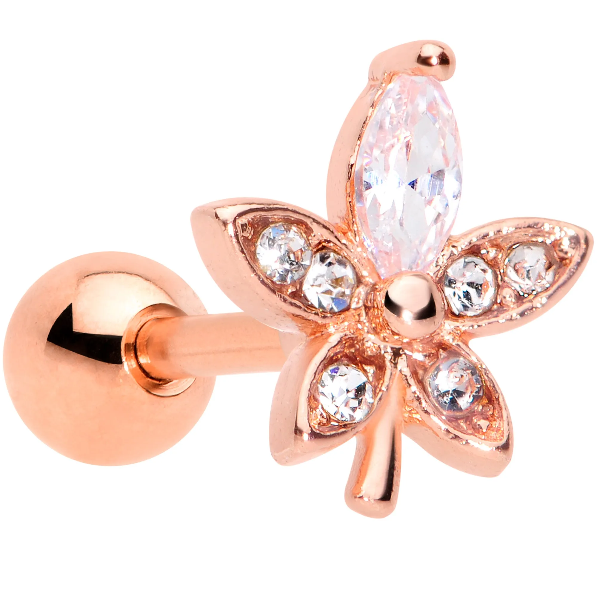 16 Gauge 1/4 Clear Gem Rose Gold Tone Lovely Flower Cartilage Tragus