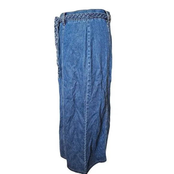 90s Womens Size‎ 12 Denim Jean Skirt Midi Woven Tie Belt Western Long Classic