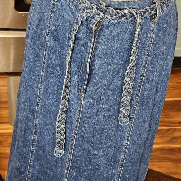 90s Womens Size‎ 12 Denim Jean Skirt Midi Woven Tie Belt Western Long Classic