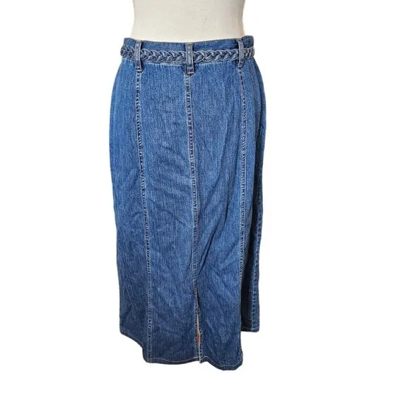 90s Womens Size‎ 12 Denim Jean Skirt Midi Woven Tie Belt Western Long Classic
