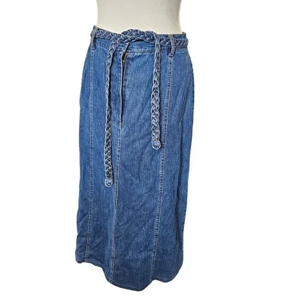 90s Womens Size‎ 12 Denim Jean Skirt Midi Woven Tie Belt Western Long Classic