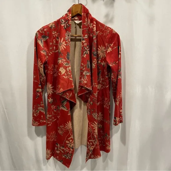 Anthro deep coral / red vegan suede open front soft flowy cardigan jacket