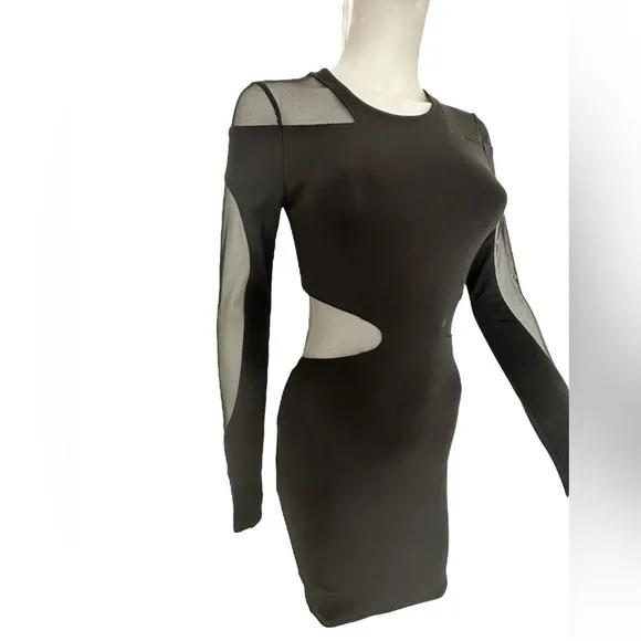 BCBG Maxazria Midi Black Body-Con long Sleeve dress size XXS sheer detail