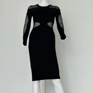 BCBG Maxazria Midi Black Body-Con long Sleeve dress size XXS sheer detail