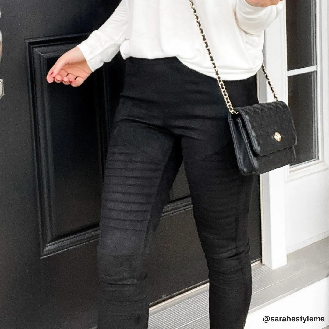 Black Faux Suede Moto Leggings - Vegan Motto Pants