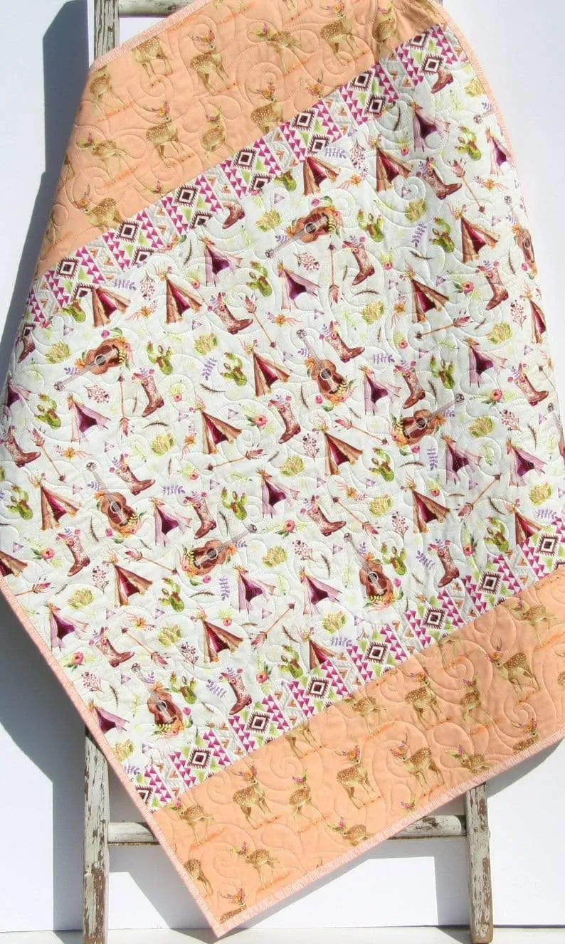 Boho Nursery Quilt, Cactus Crib Blanket, Baby Girl Deer Quilt, Fawn Blanket, Nursery Decor Aztec Flowers Coral Peach Newborn Gift for Her