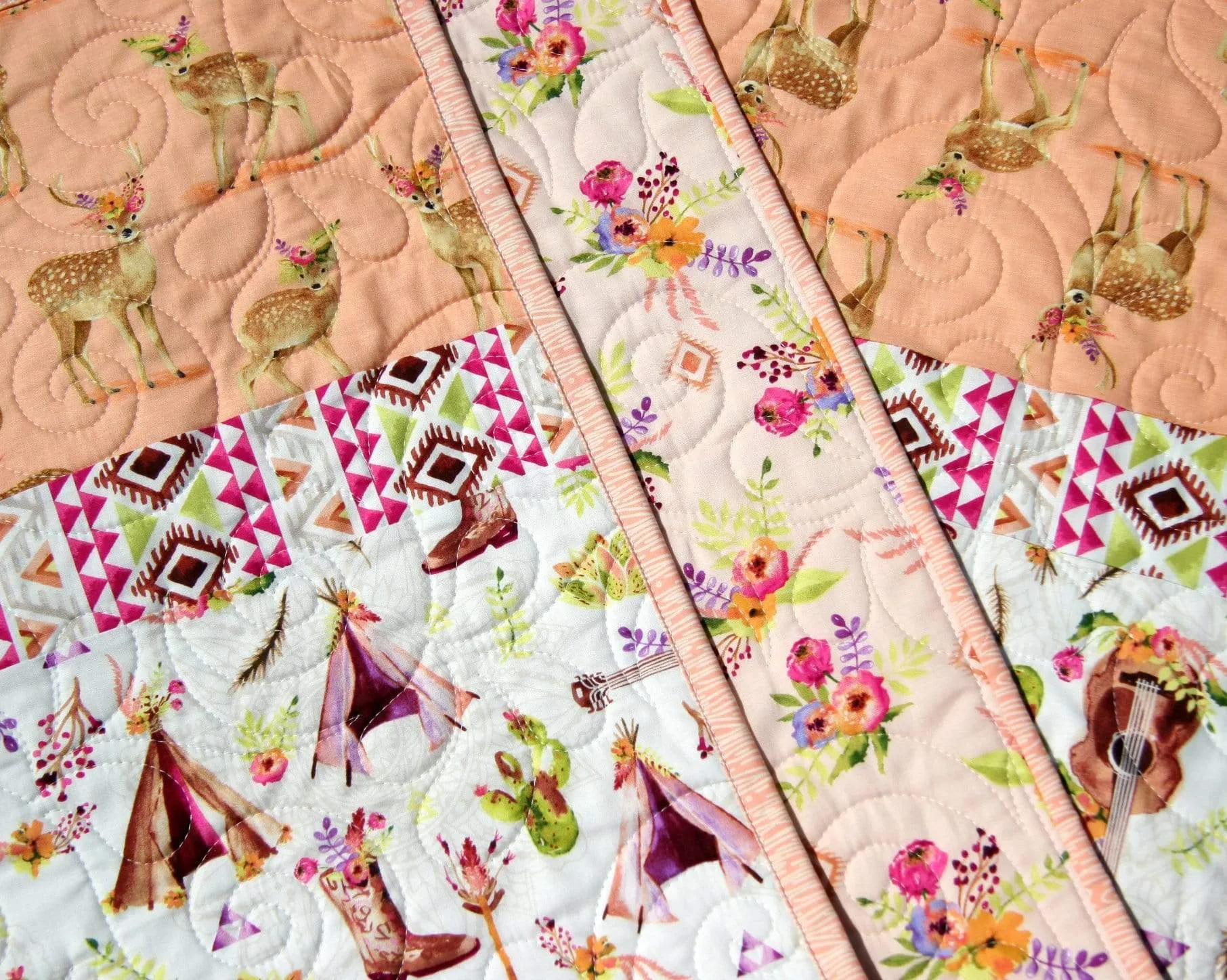 Boho Nursery Quilt, Cactus Crib Blanket, Baby Girl Deer Quilt, Fawn Blanket, Nursery Decor Aztec Flowers Coral Peach Newborn Gift for Her