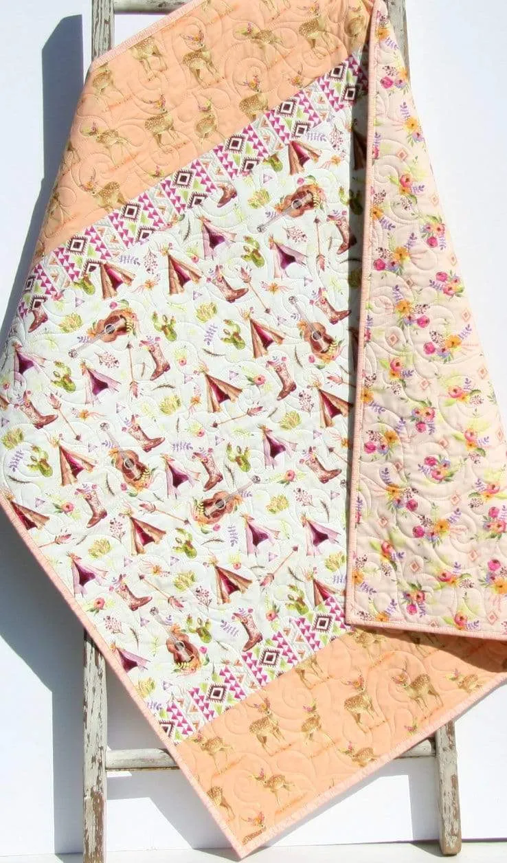 Boho Nursery Quilt, Cactus Crib Blanket, Baby Girl Deer Quilt, Fawn Blanket, Nursery Decor Aztec Flowers Coral Peach Newborn Gift for Her