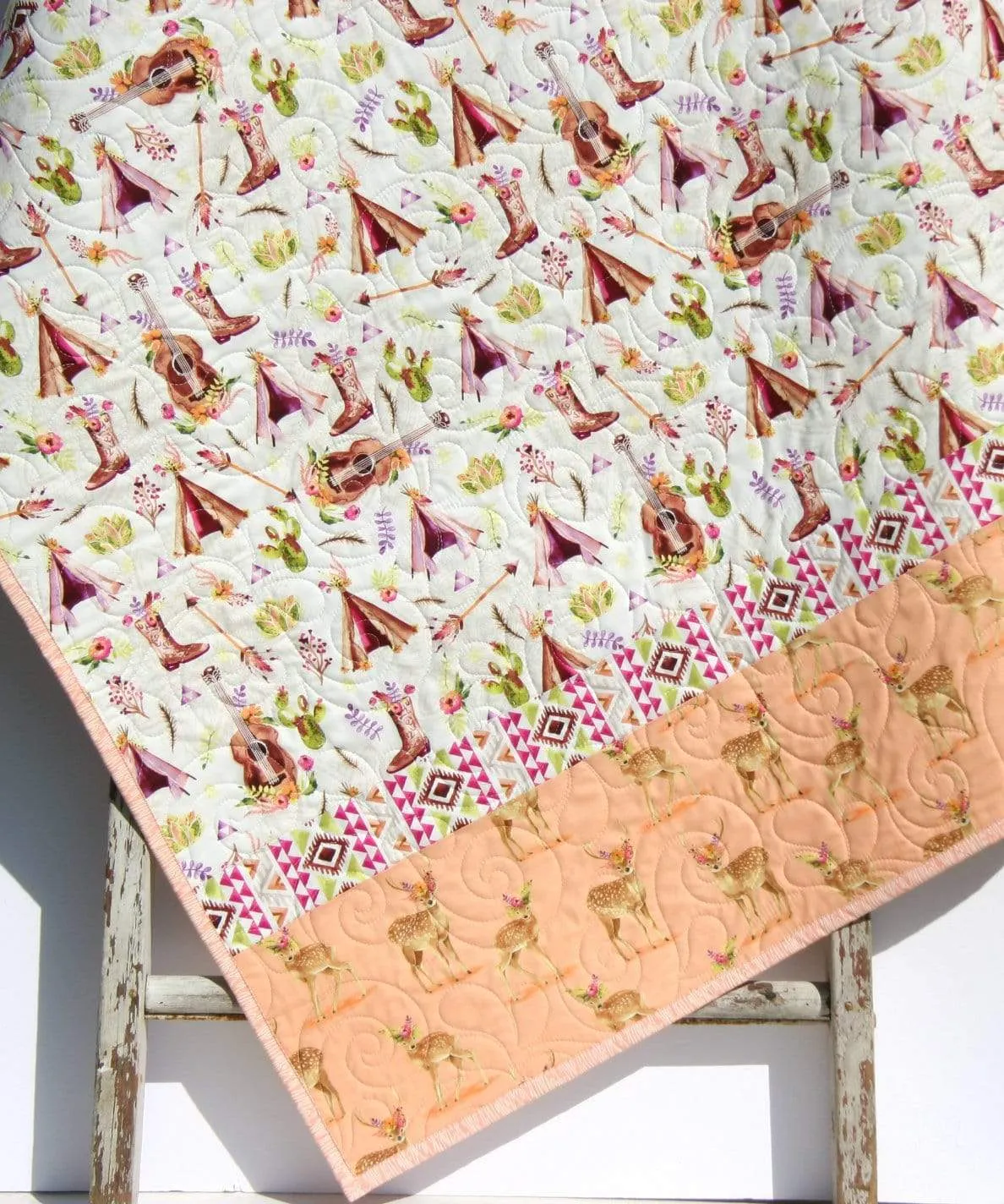 Boho Nursery Quilt, Cactus Crib Blanket, Baby Girl Deer Quilt, Fawn Blanket, Nursery Decor Aztec Flowers Coral Peach Newborn Gift for Her