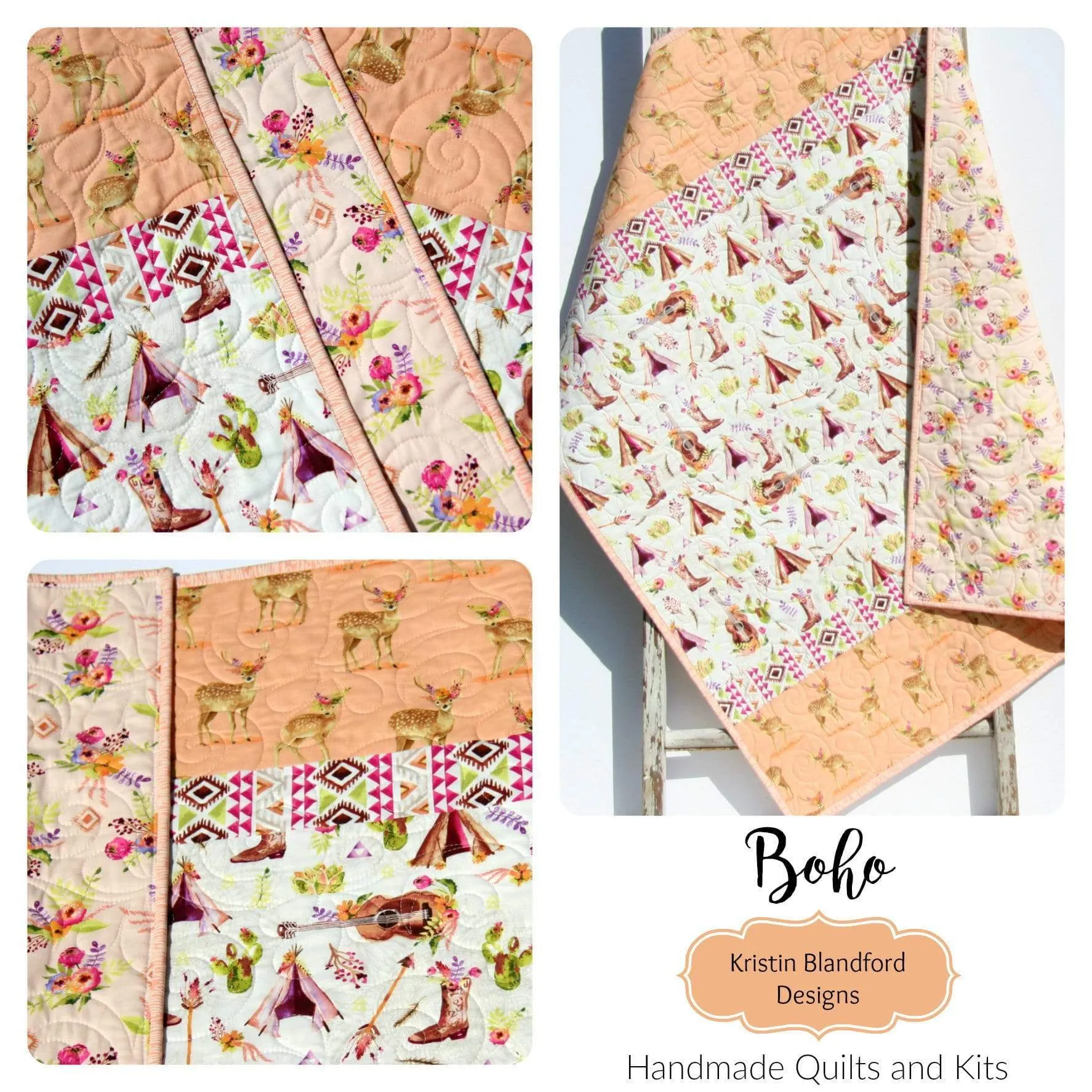 Boho Nursery Quilt, Cactus Crib Blanket, Baby Girl Deer Quilt, Fawn Blanket, Nursery Decor Aztec Flowers Coral Peach Newborn Gift for Her