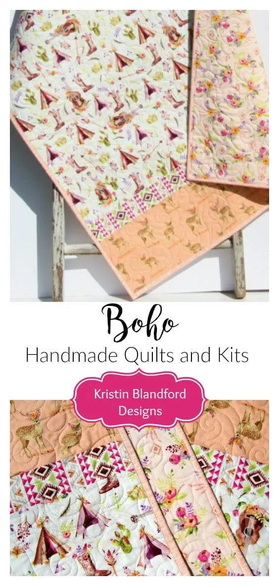 Boho Nursery Quilt, Cactus Crib Blanket, Baby Girl Deer Quilt, Fawn Blanket, Nursery Decor Aztec Flowers Coral Peach Newborn Gift for Her