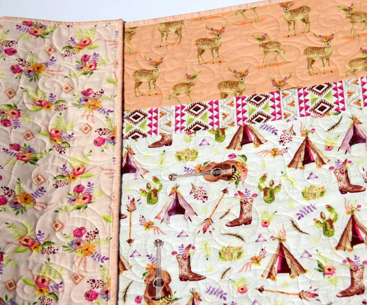 Boho Nursery Quilt, Cactus Crib Blanket, Baby Girl Deer Quilt, Fawn Blanket, Nursery Decor Aztec Flowers Coral Peach Newborn Gift for Her