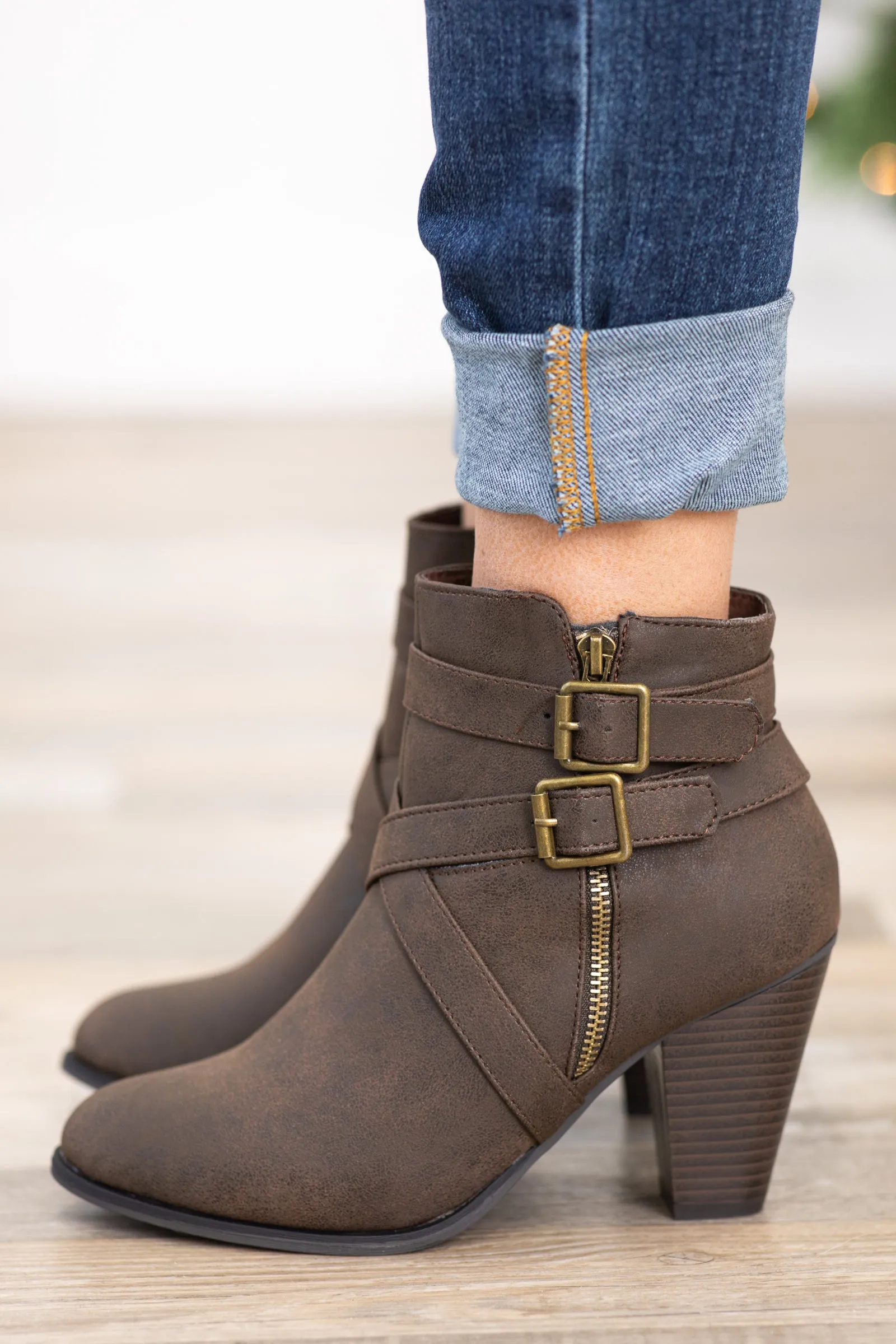 Brown Booties With Wrap Buckle Detail
