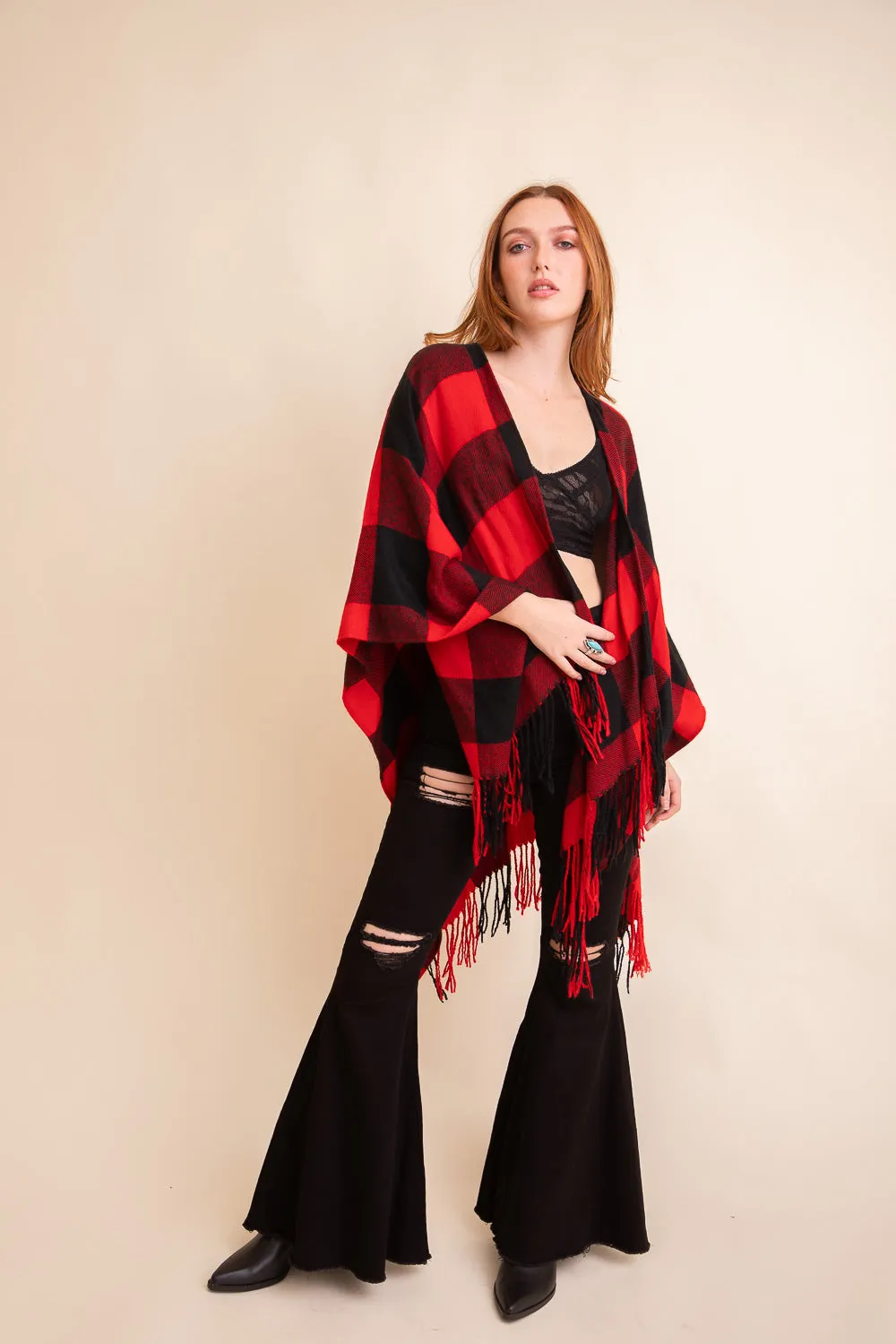 Buffalo Check Tassel Poncho Beige Black