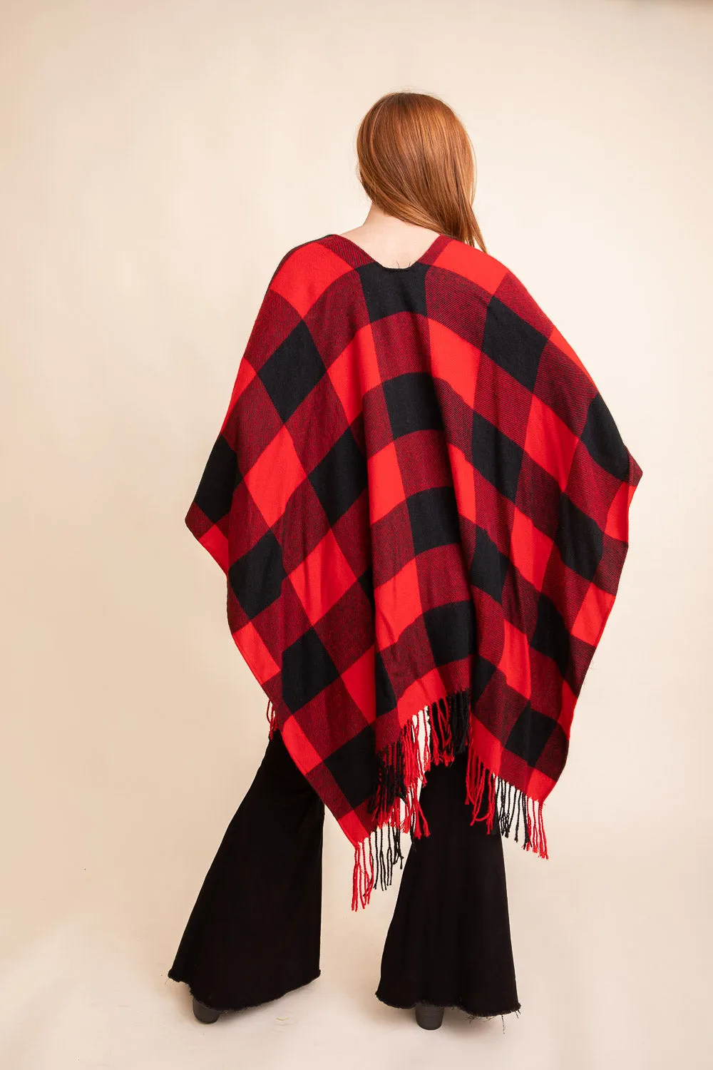 Buffalo Check Tassel Poncho Beige Black