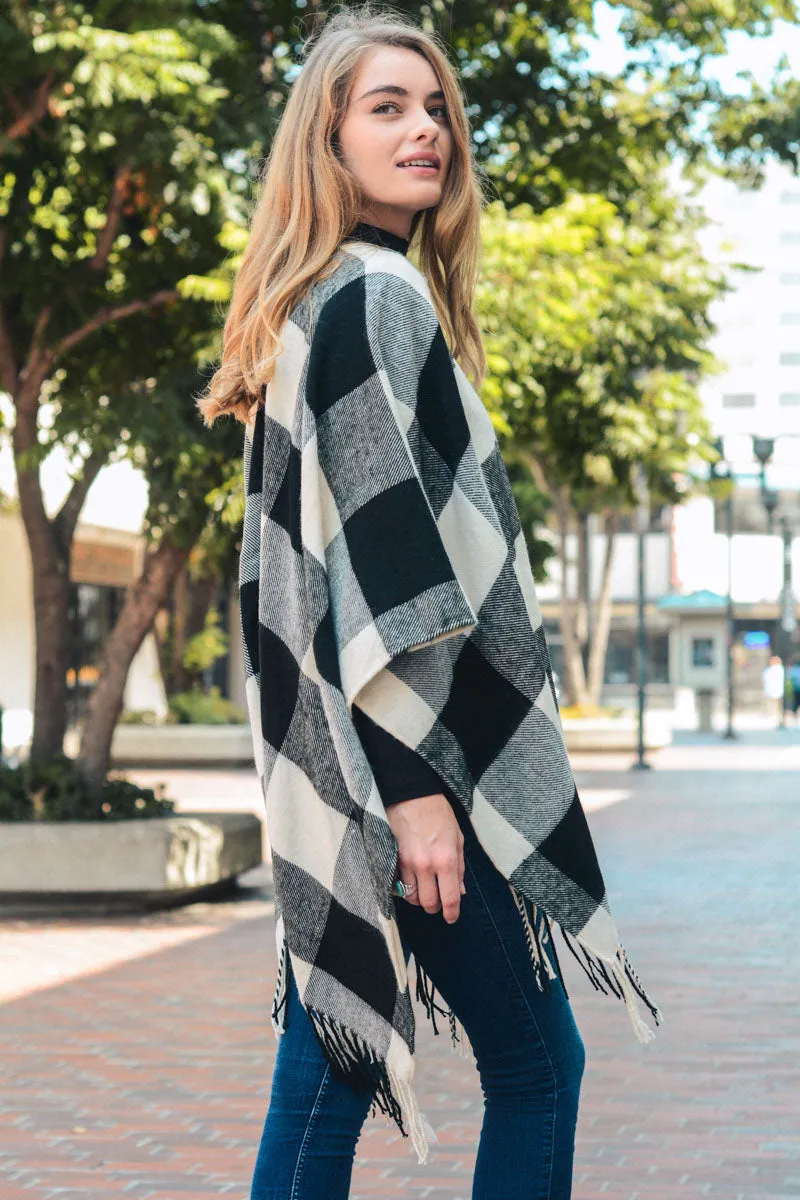 Buffalo Check Tassel Poncho Beige Black