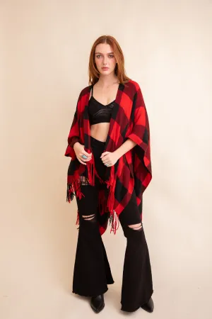 Buffalo Check Tassel Poncho Beige Black