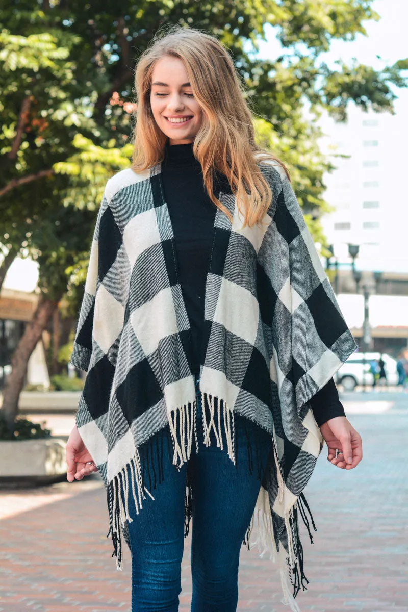 Buffalo Check Tassel Poncho Beige Black