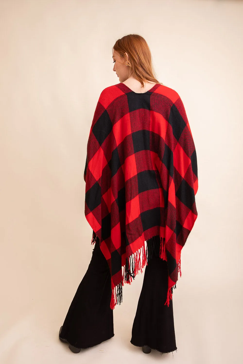 Buffalo Check Tassel Poncho Beige Black