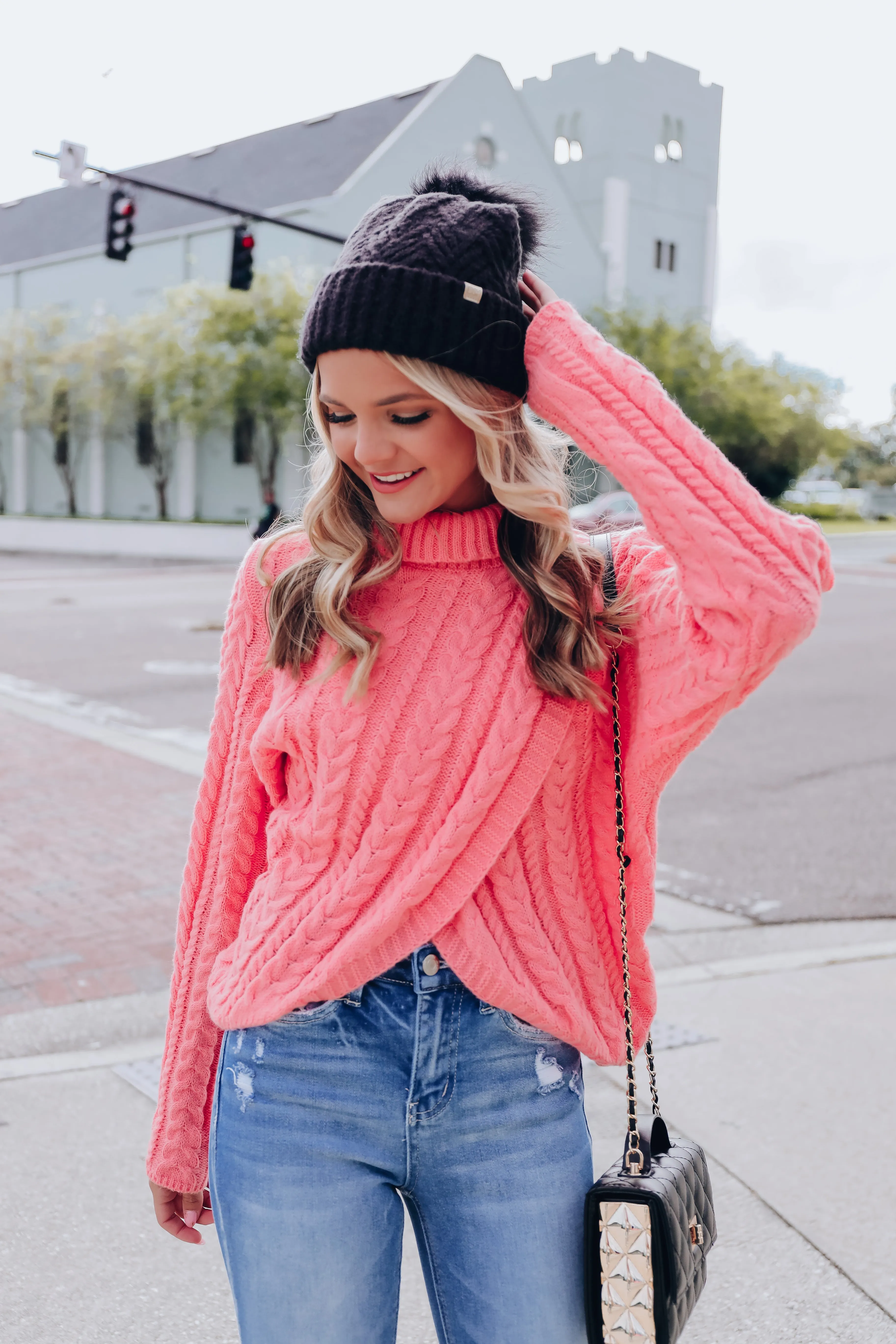 Cable Knit Cross Front Cropped Sweater -Rose