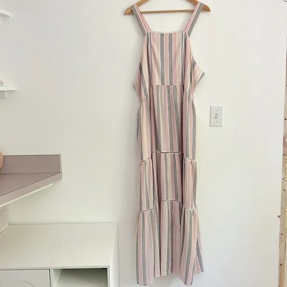Caslon Cabana Stripe Linen Lattice Trim Tiered Maxi Dress Vertical Stripes