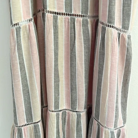 Caslon Cabana Stripe Linen Lattice Trim Tiered Maxi Dress Vertical Stripes