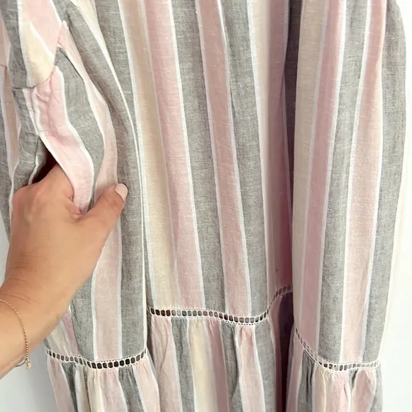 Caslon Cabana Stripe Linen Lattice Trim Tiered Maxi Dress Vertical Stripes