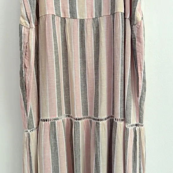 Caslon Cabana Stripe Linen Lattice Trim Tiered Maxi Dress Vertical Stripes