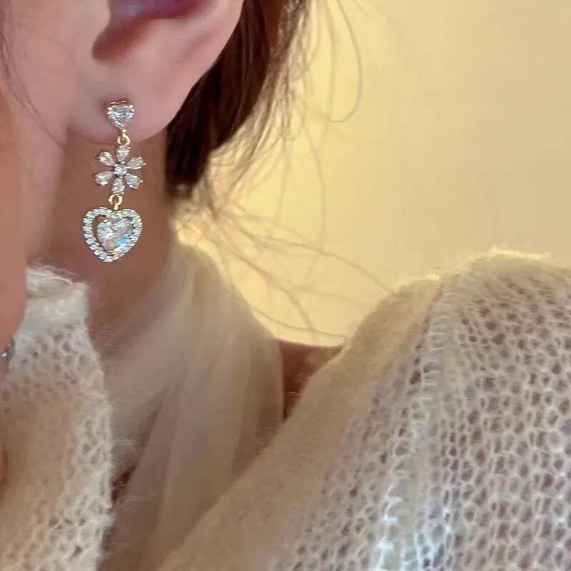 Chic CZ Inlaid Crystal Floral Heart Dangle Earrings