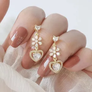 Chic CZ Inlaid Crystal Floral Heart Dangle Earrings