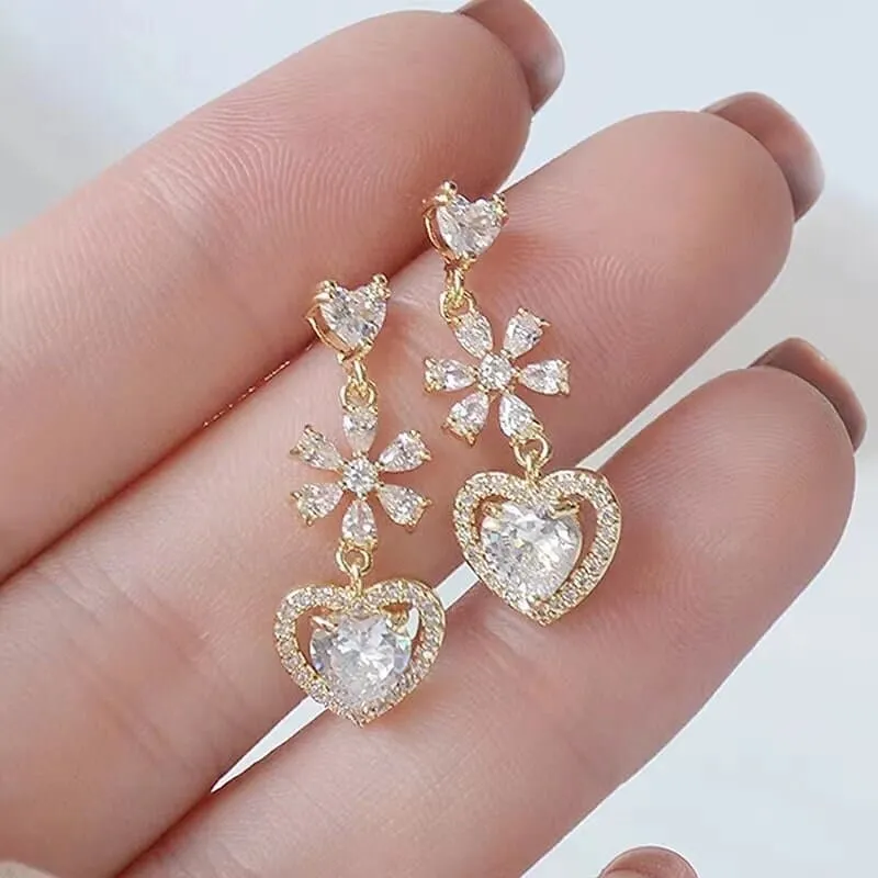 Chic CZ Inlaid Crystal Floral Heart Dangle Earrings