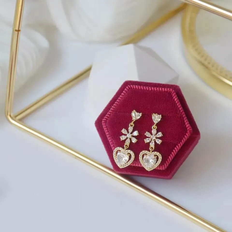 Chic CZ Inlaid Crystal Floral Heart Dangle Earrings