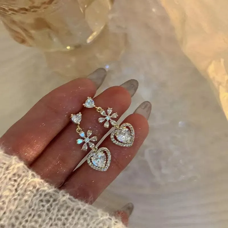 Chic CZ Inlaid Crystal Floral Heart Dangle Earrings