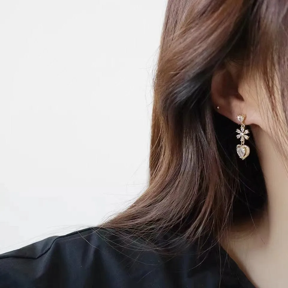 Chic CZ Inlaid Crystal Floral Heart Dangle Earrings