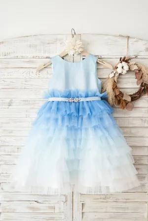 Cupcake Ombre Blue Glittering Tulle Wedding Flower Girl Dress