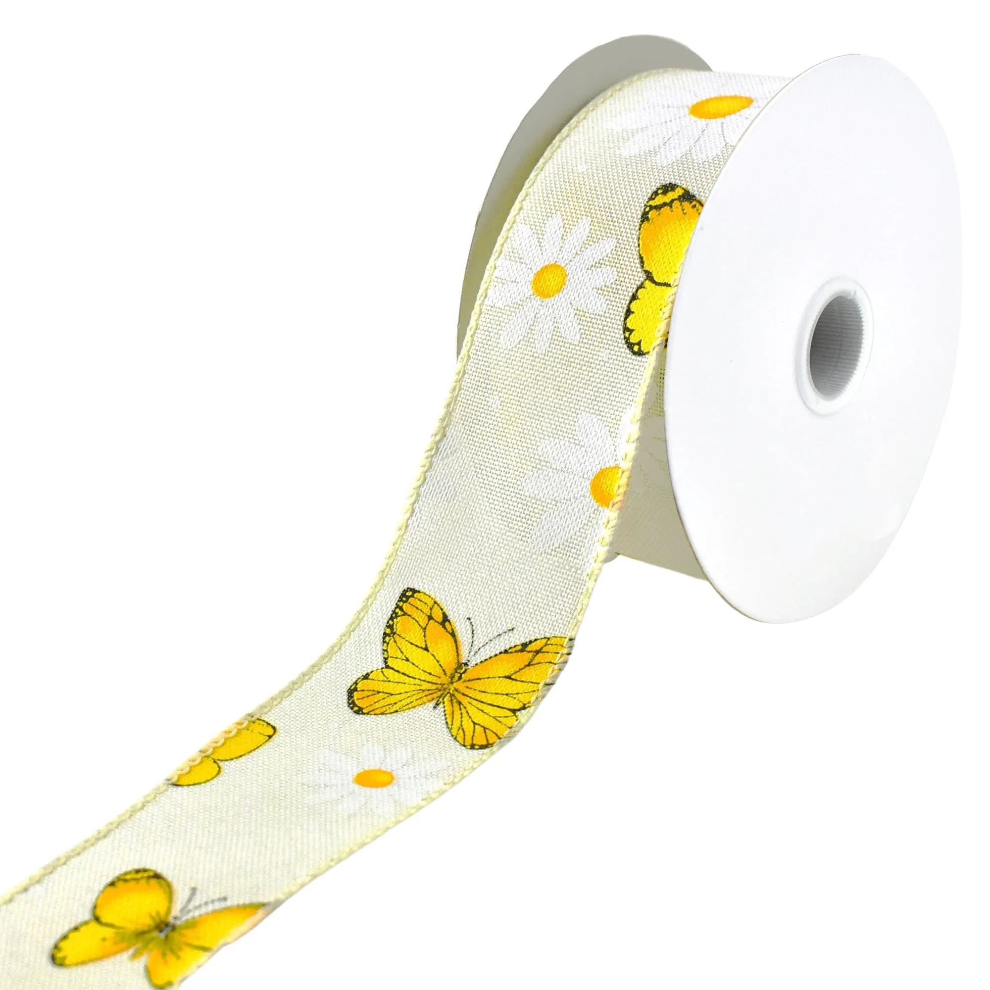 Daisies and Butterflies Faux Linen Wired Ribbon, 10-yard