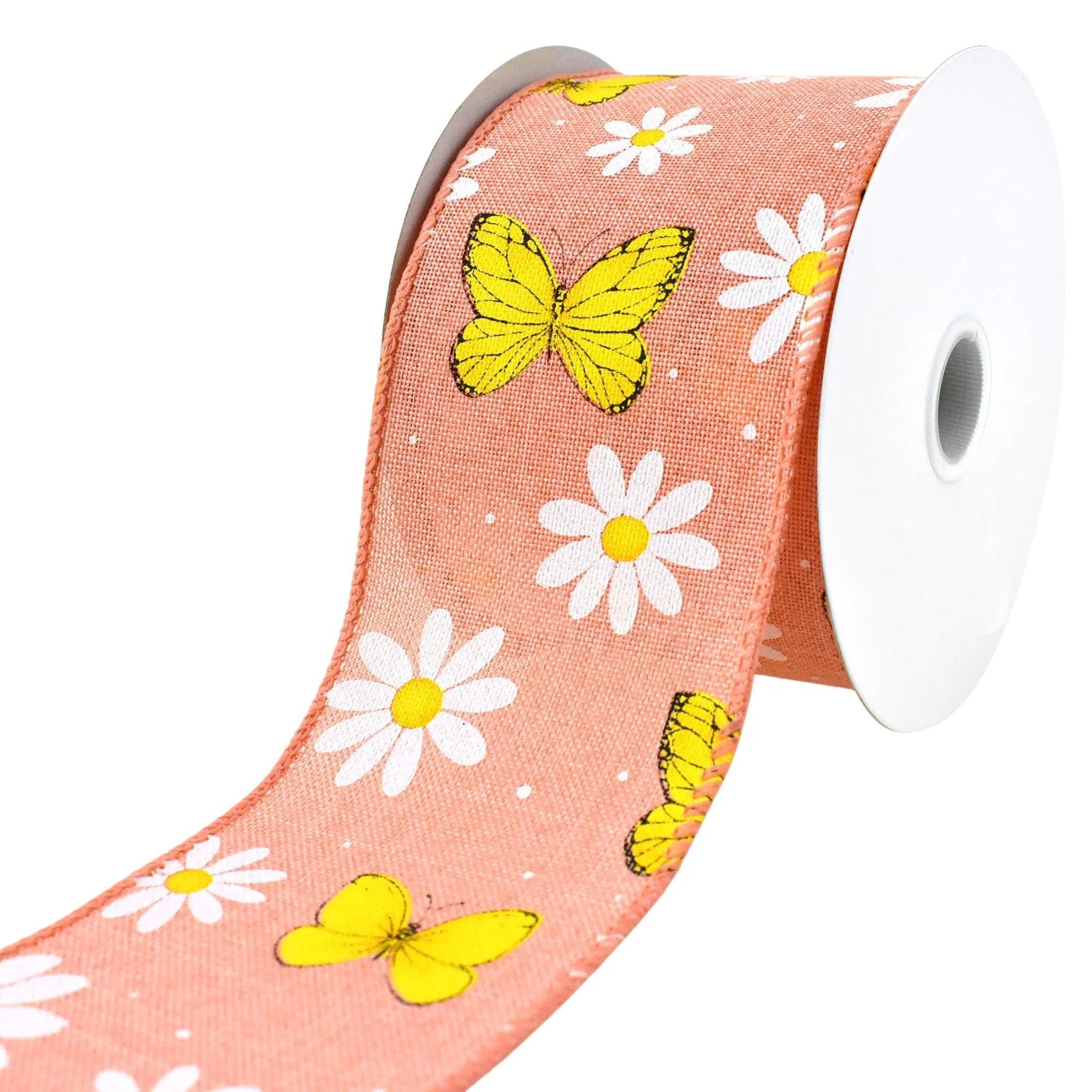 Daisies and Butterflies Faux Linen Wired Ribbon, 10-yard