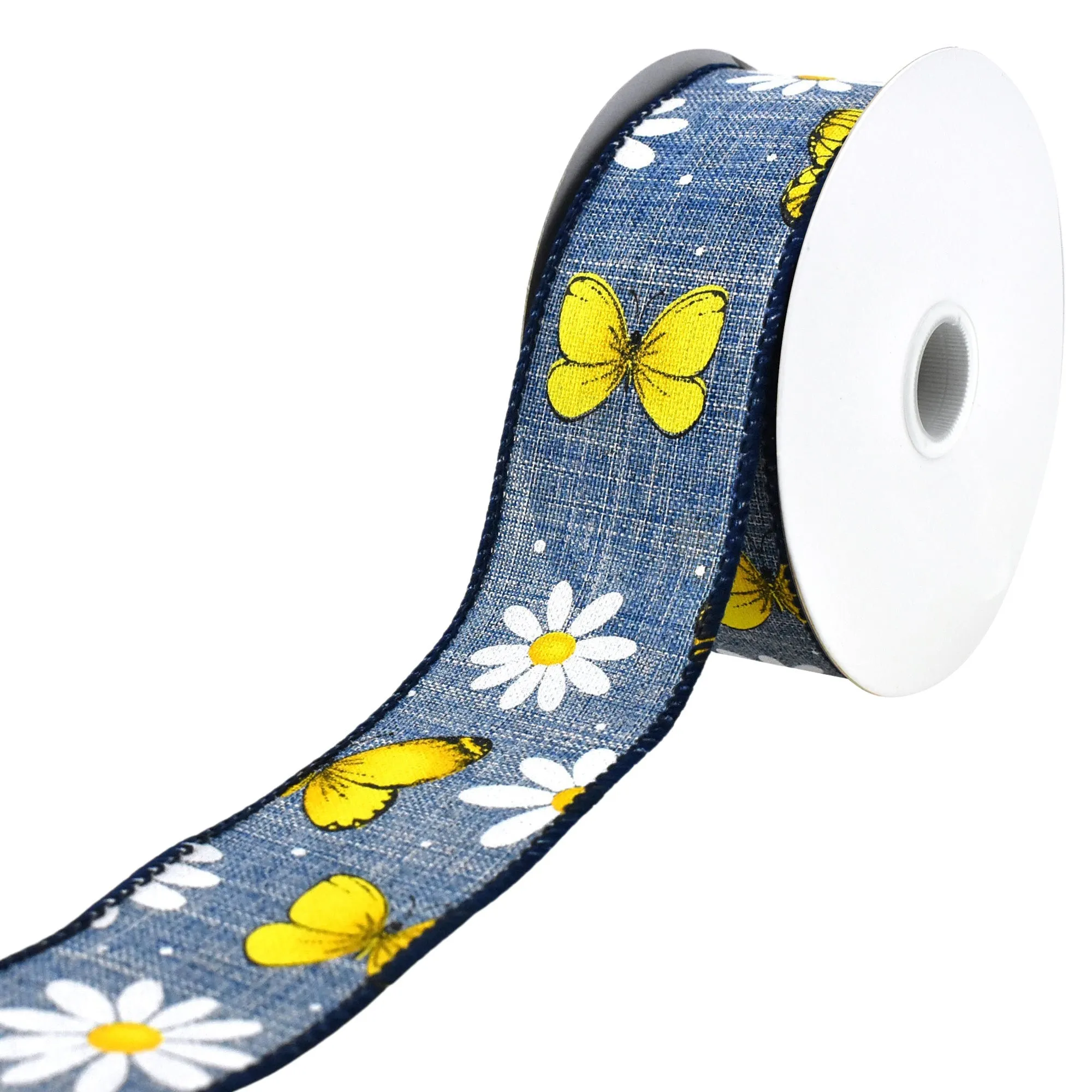 Daisies and Butterflies Faux Linen Wired Ribbon, 10-yard