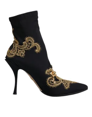 Dolce&Gabbana Women Black Ankle Boots Nylon Embroidery High Heel Booties EU 37.5