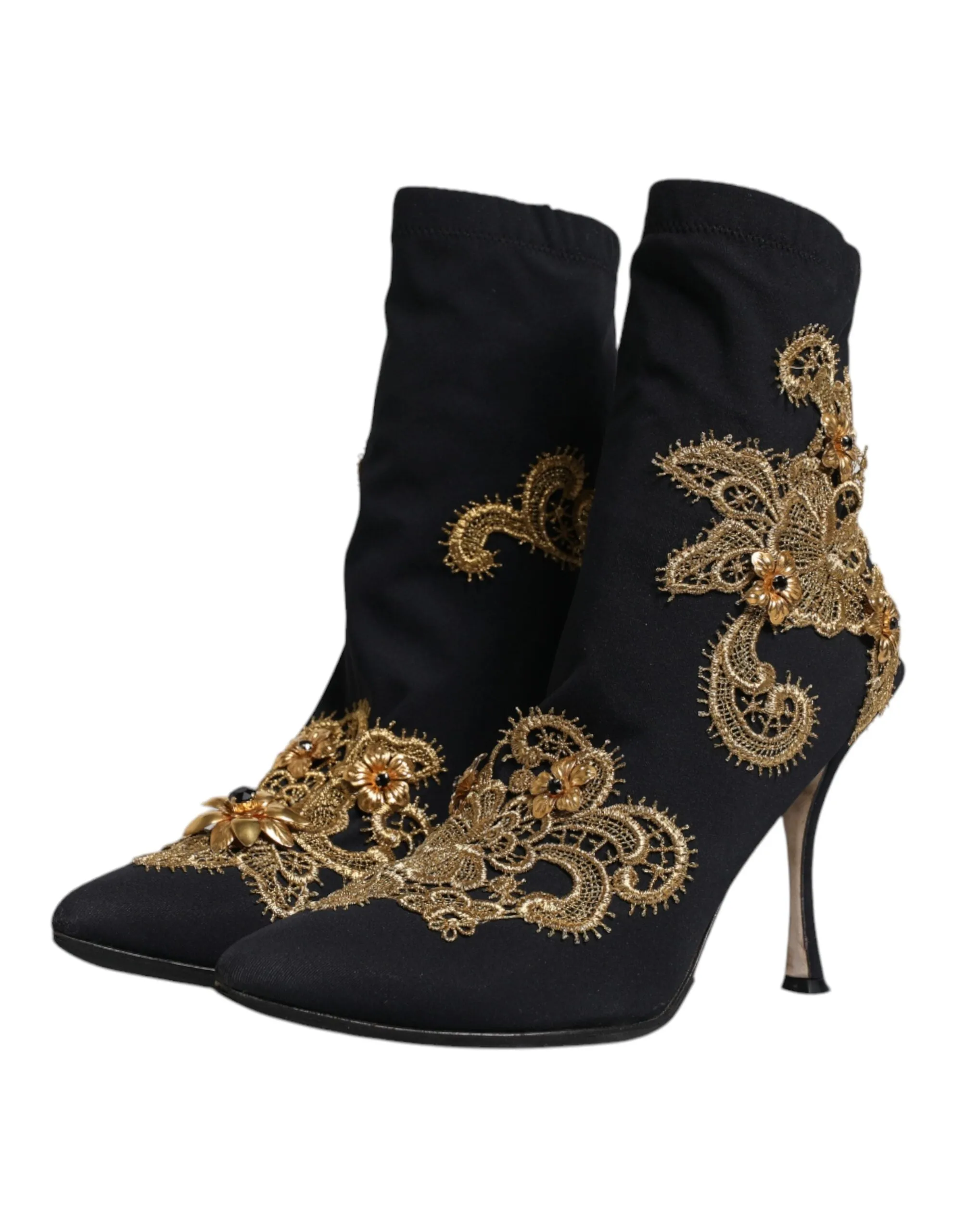 Dolce&Gabbana Women Black Ankle Boots Nylon Embroidery High Heel Booties EU 37.5
