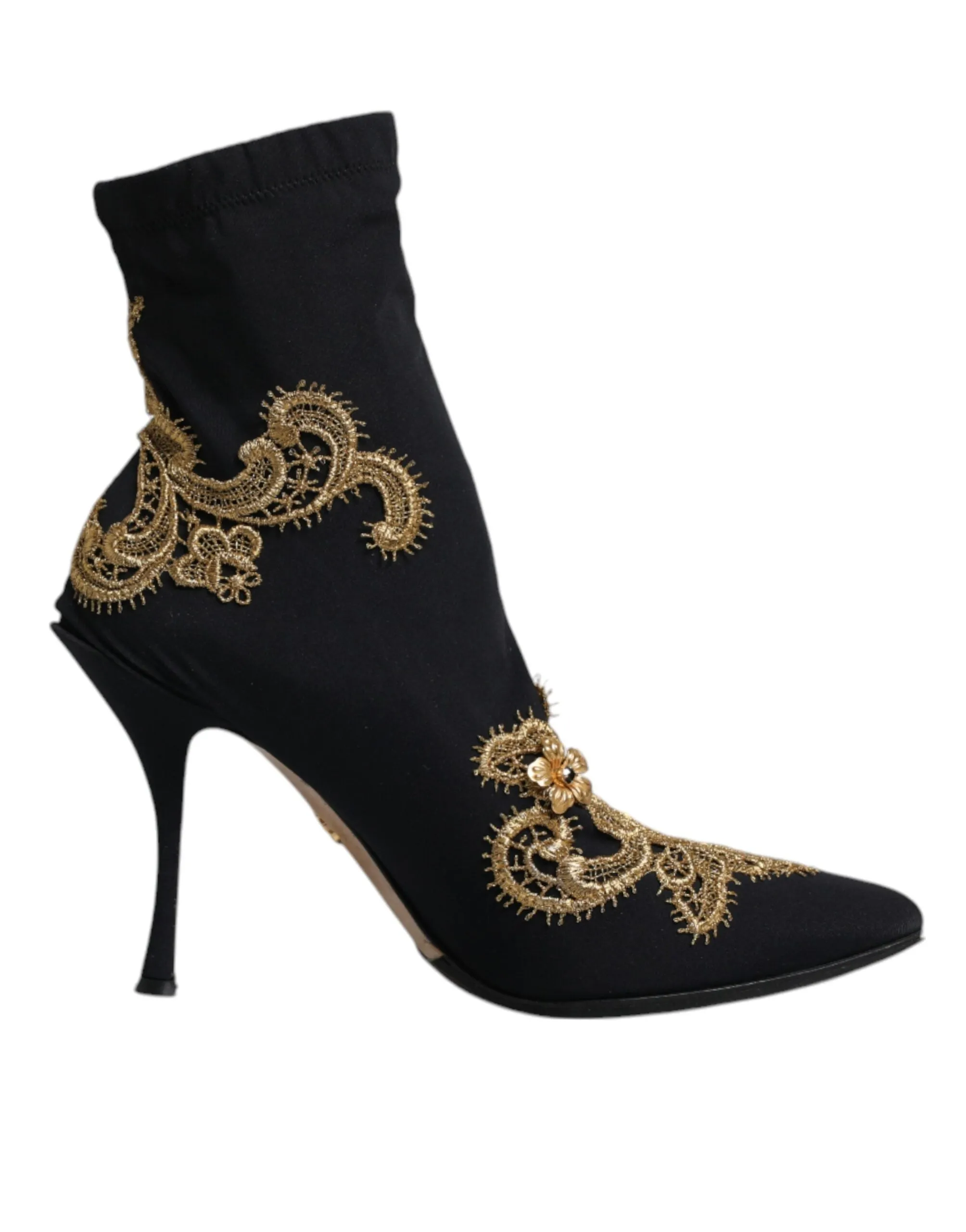 Dolce&Gabbana Women Black Ankle Boots Nylon Embroidery High Heel Booties EU 37.5