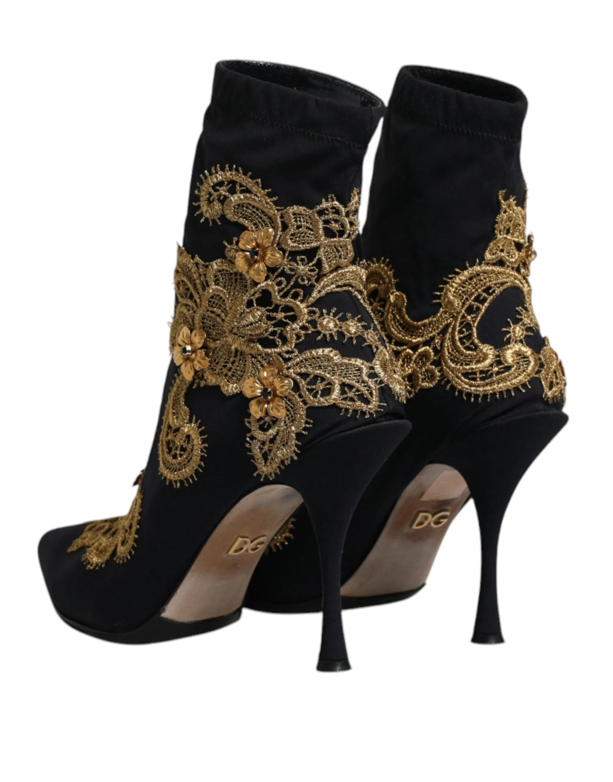 Dolce&Gabbana Women Black Ankle Boots Nylon Embroidery High Heel Booties EU 37.5