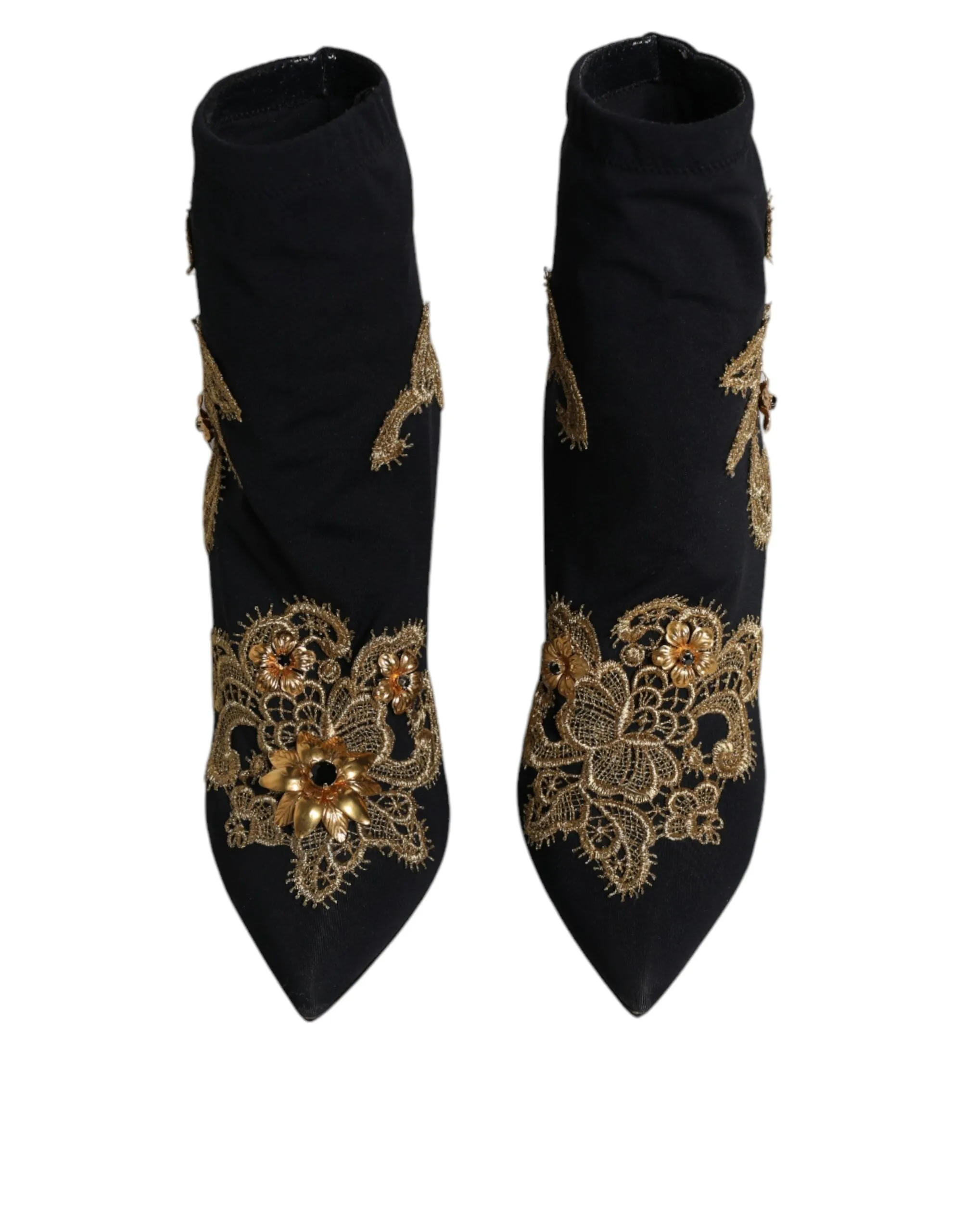 Dolce&Gabbana Women Black Ankle Boots Nylon Embroidery High Heel Booties EU 37.5