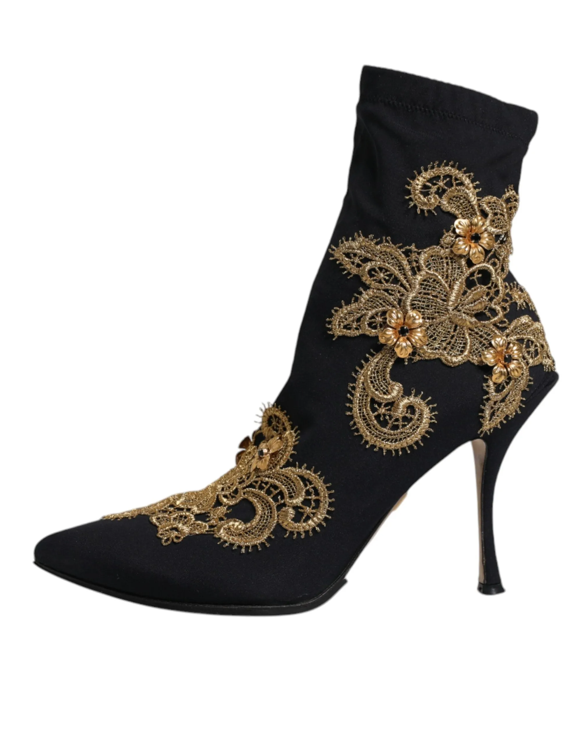 Dolce&Gabbana Women Black Ankle Boots Nylon Embroidery High Heel Booties EU 37.5