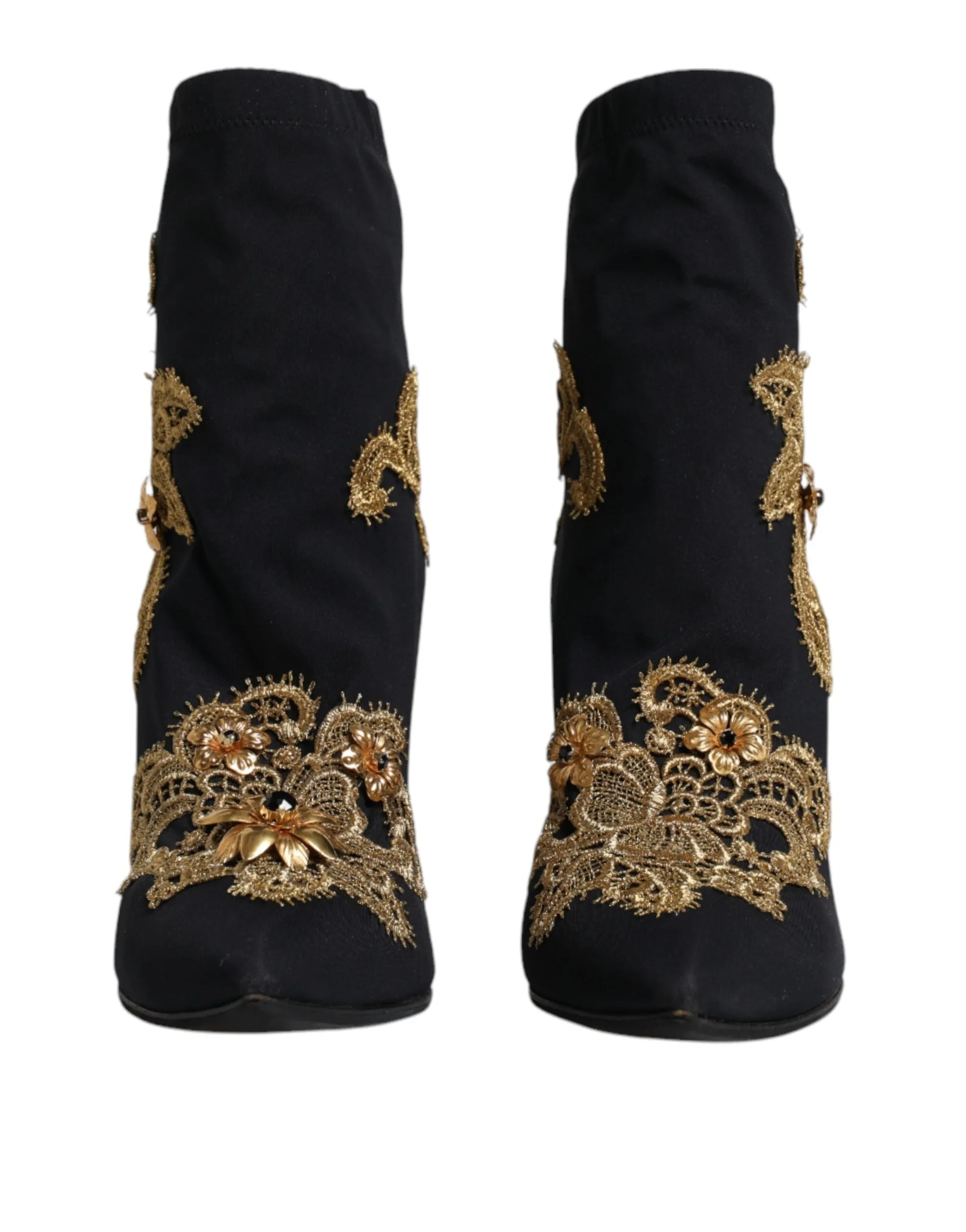 Dolce&Gabbana Women Black Ankle Boots Nylon Embroidery High Heel Booties EU 37.5