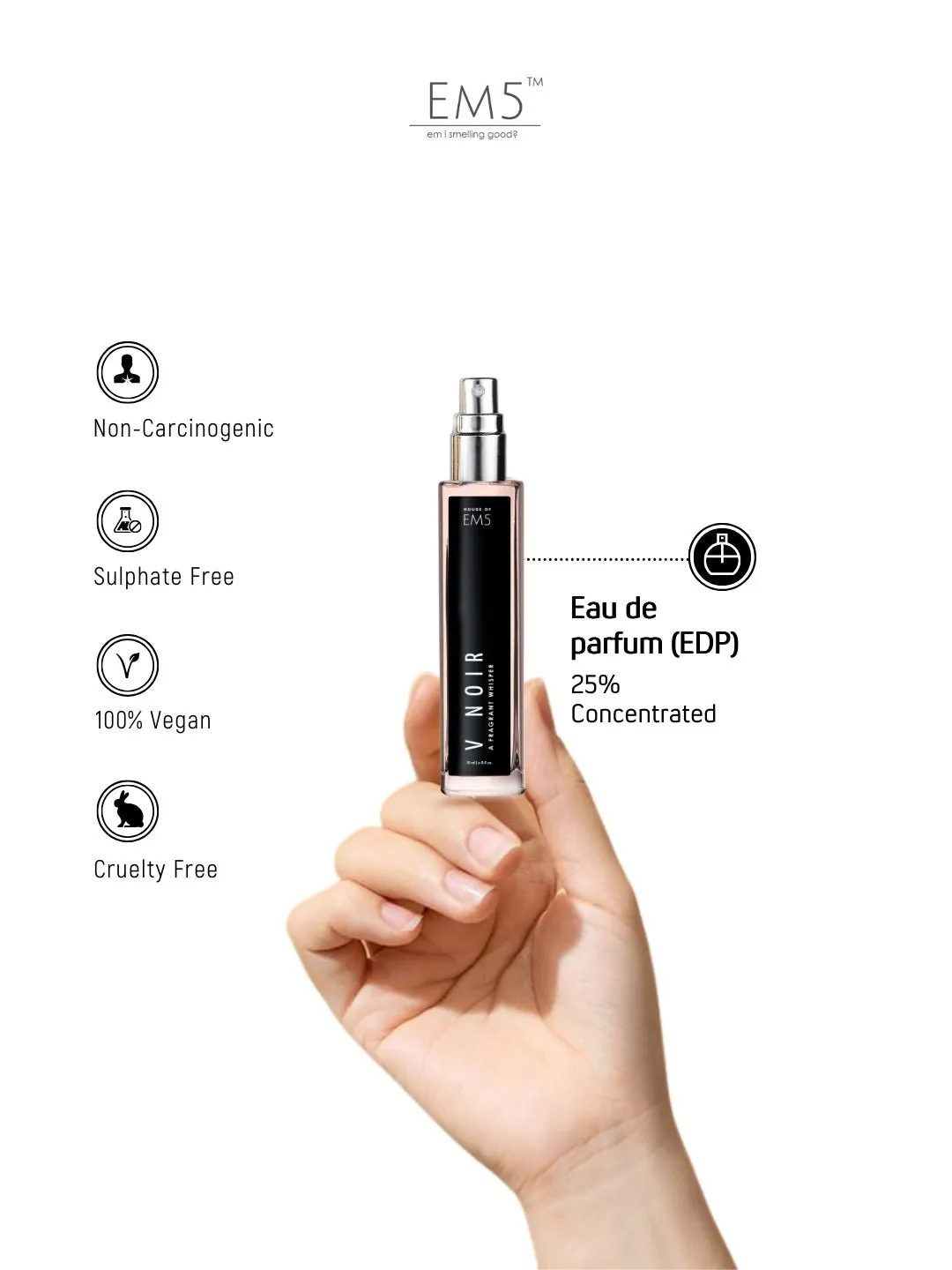 EM5™ V Noir Perfume EDP Spray for Women | Warm Spicy Coconut White Floral Fragrance Accords | Luxury Gift for Her | Variants Available: 50 ml Spray / 15 ml Spray