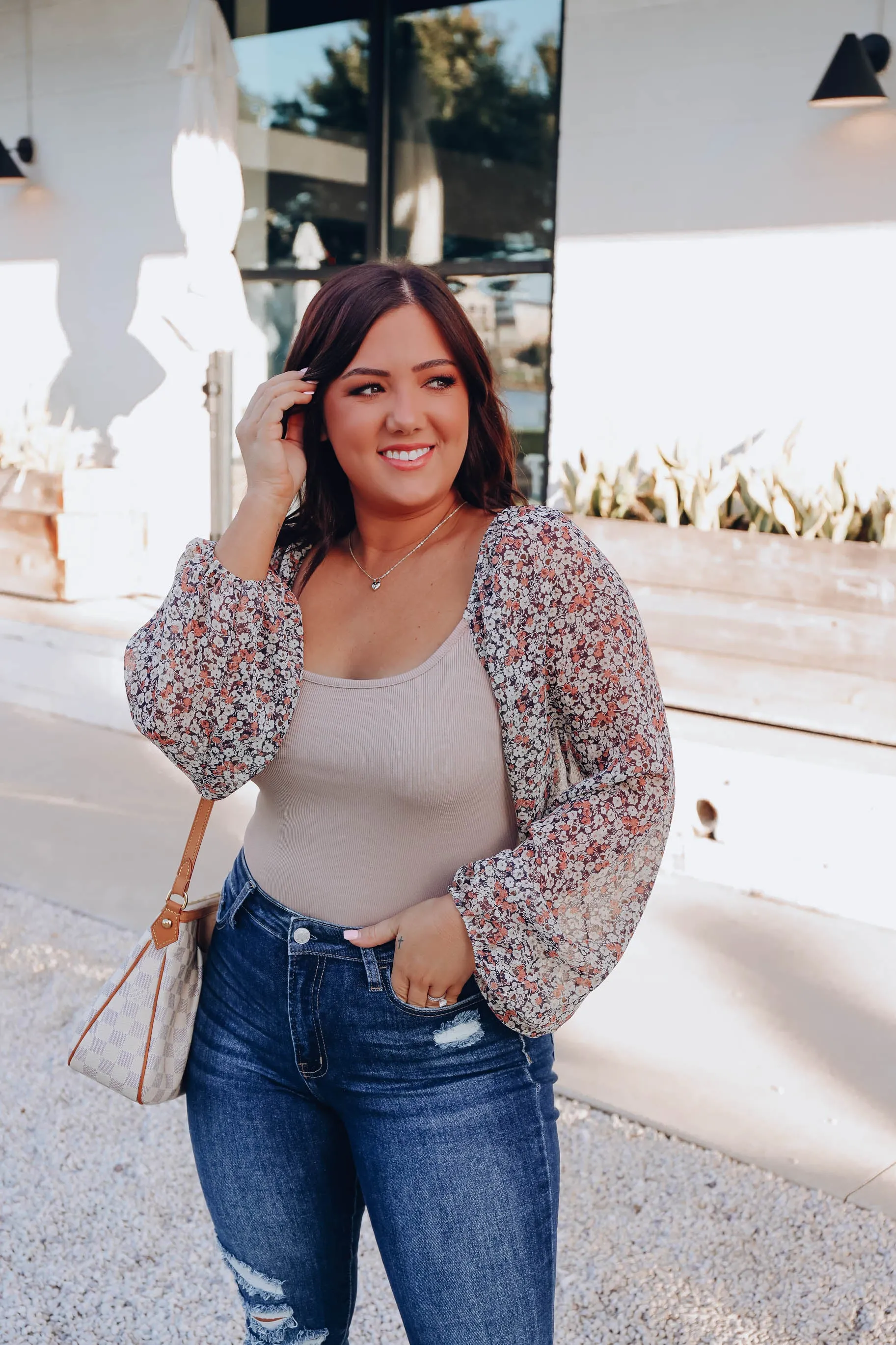 Falling For Floral Bodysuit - Tan/Navy