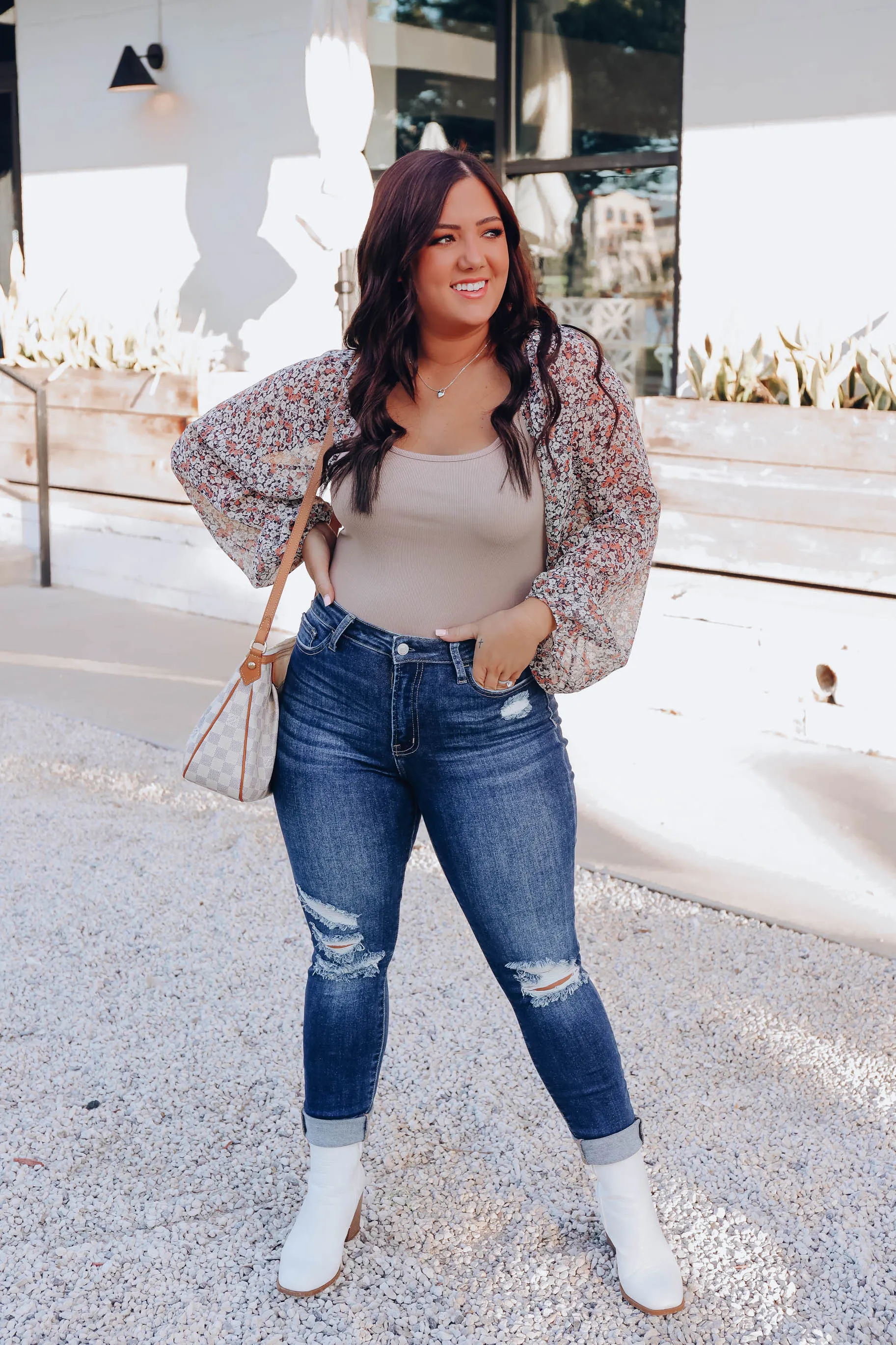 Falling For Floral Bodysuit - Tan/Navy
