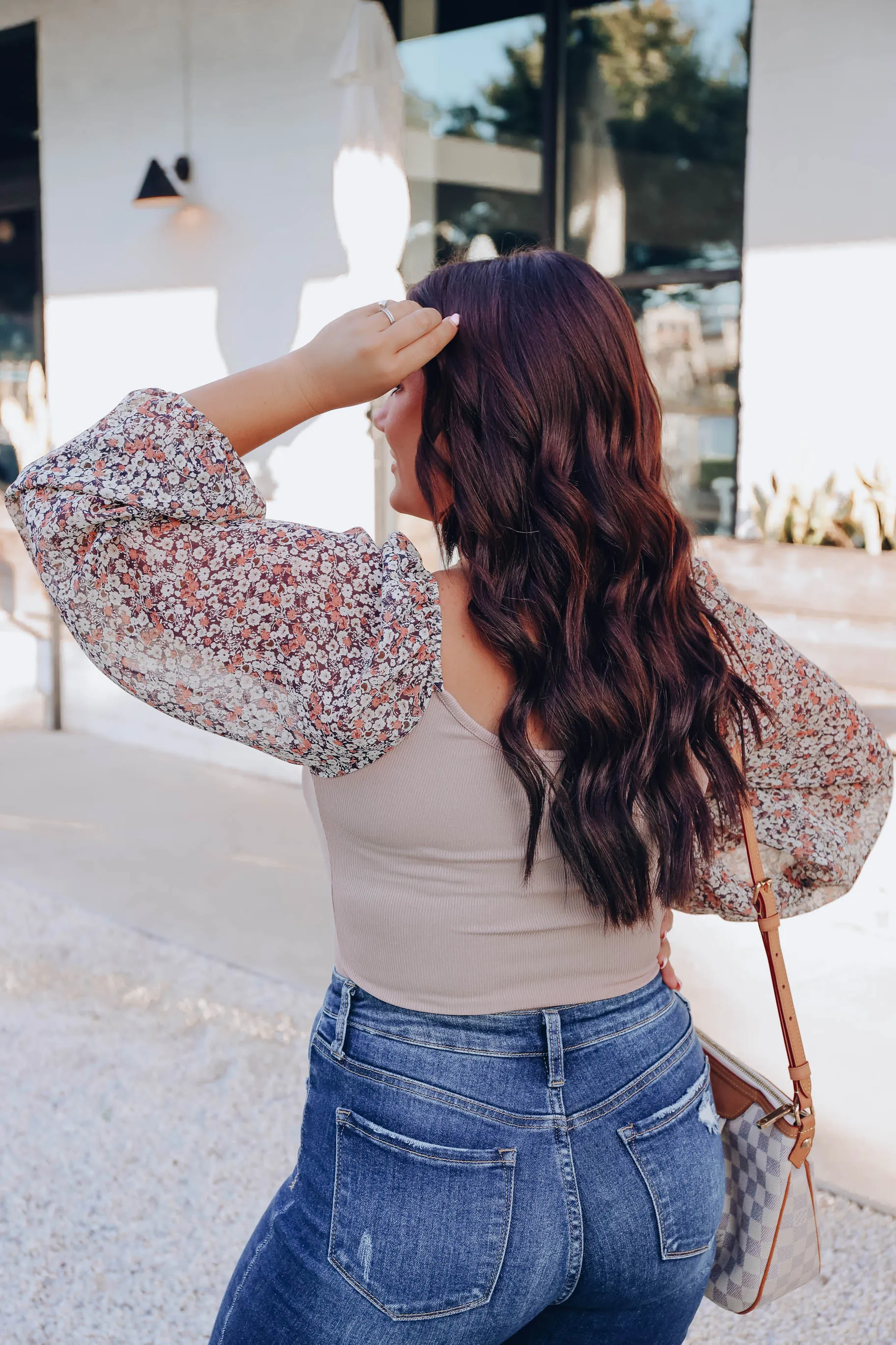 Falling For Floral Bodysuit - Tan/Navy
