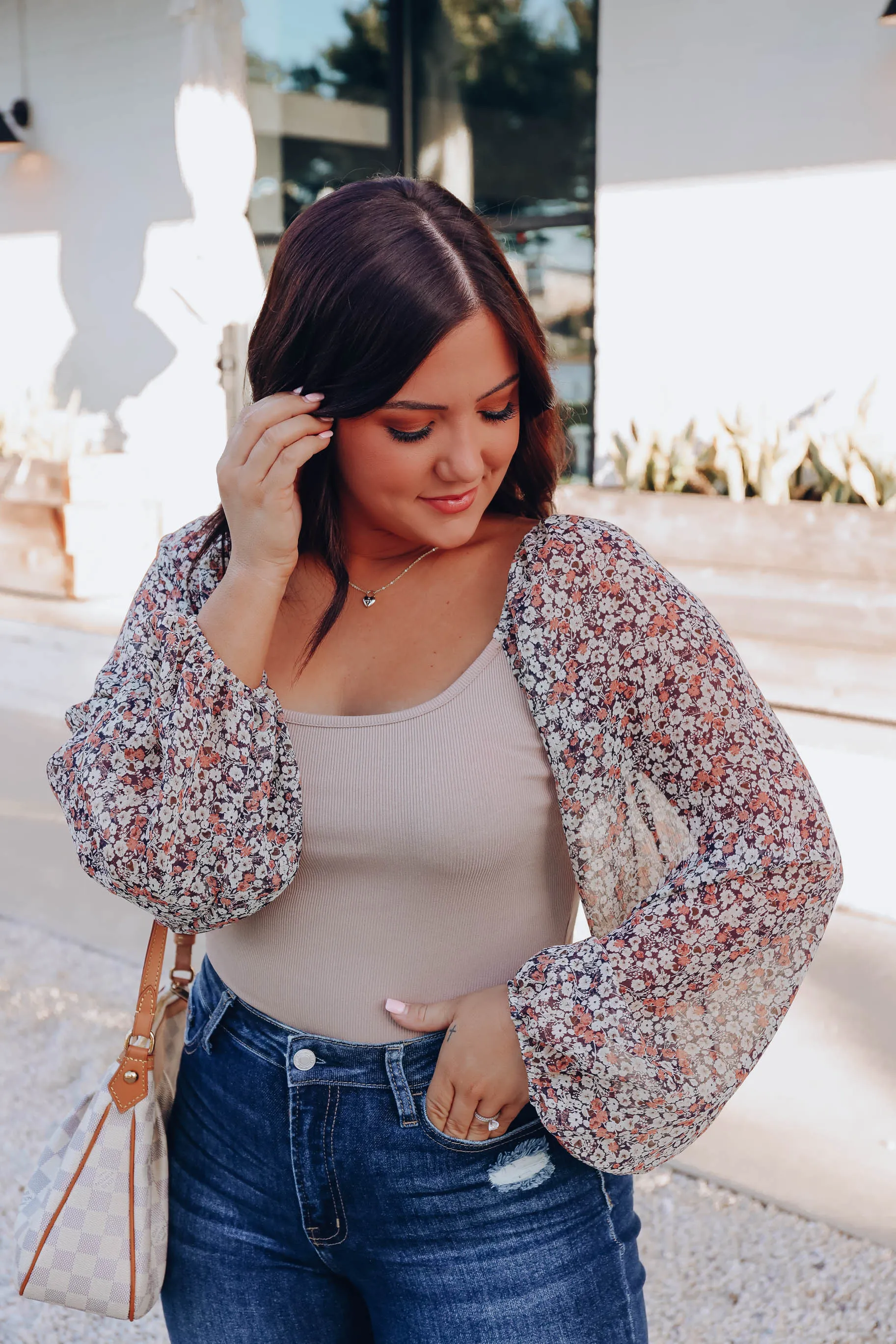 Falling For Floral Bodysuit - Tan/Navy